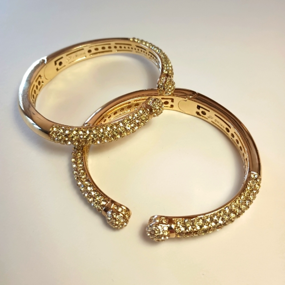 Joan Boyce Gold Plated Hinged Cuff Pave Swarovski Crystal Bracelet
